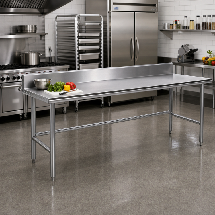 Product image #2 for Advance Tabco 120-Inch x 30-Inch 16-Gauge 430 Stainless Steel Work Table with 5-Inch Backsplash and Galvanized Open Base