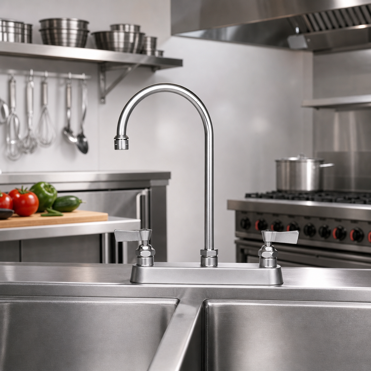 Product image #2 for Fisher Deck-Mount Manual Faucet with 6-Inch Swivel/Rigid Gooseneck Spout, 8-Inch Centers, Stainless Steel
