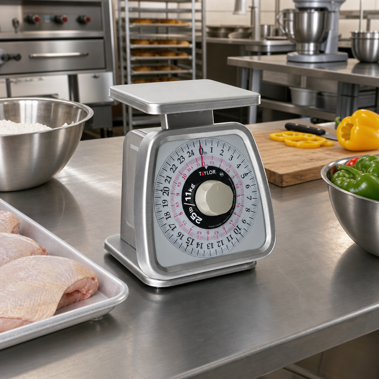 Product image #2 for Taylor Precision Analog Dual-Measure Portion Control Food Scale with Rotating Dial, 25 lb. x 2 oz. / 11 kg x 50 g Capacity, Stainless Steel
