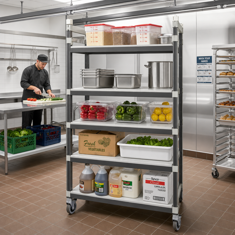 Product image #2 for Cambro Camshelving Elements XTRA High Density Overhead Track Mobile Starter Unit, 5-Tier, 18 x 36 x 80 Inches, Speckled Gray