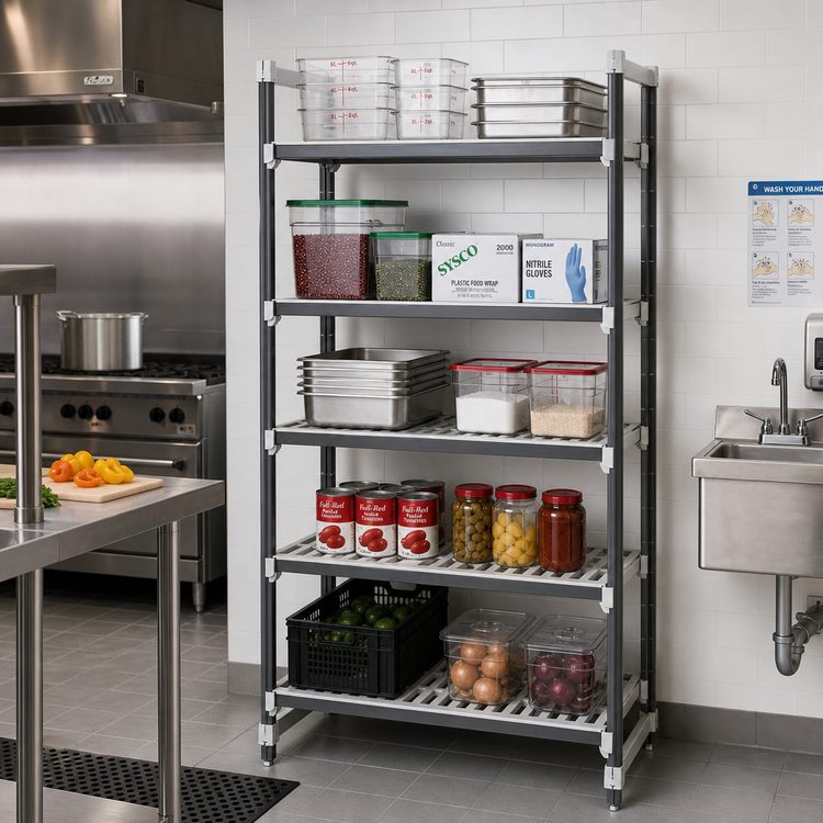 Product image #2 for Cambro Camshelving Elements XTRA 5-Tier Stationary Starter Shelving Unit, 36 x 21 x 72 Inches, Speckled Gray