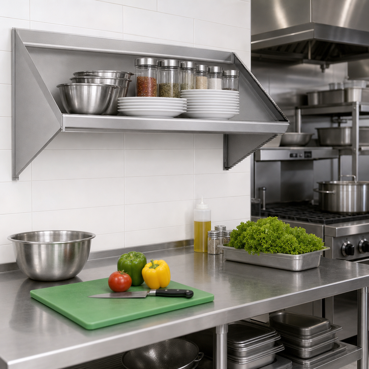 Product image #2 for Eagle Group Wall-Mounted Slanted Solid Rack Shelf, 42" W x 21" D, Left Drip Tube, 16/304 Stainless Steel