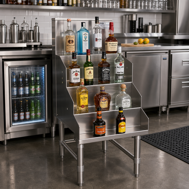 Product image #2 for Eagle Group Spec-Bar 24-Inch Wide Freestanding 4-Step Stainless Steel Liquor Bottle Display Unit