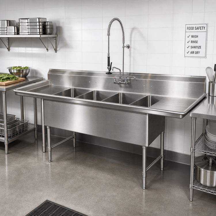 Product image #2 for 100-Inch Four-Compartment Stainless Steel Sink with Dual Drainboards