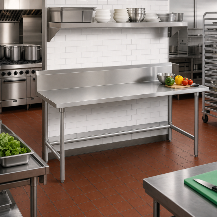 Product image #2 for Advance Tabco TVKG-3610 120-Inch x 36-Inch 14-Gauge 304 Stainless Steel Work Table with 10-Inch Backsplash and Galvanized Open Base