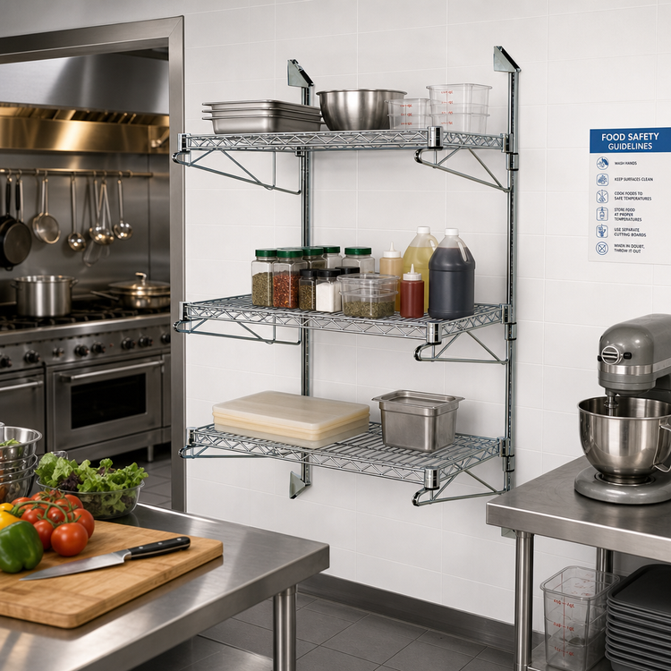 Product image #2 for Quantum Cantilever Wall-Mounted Wire Shelf Starter Unit with 3 Wire Shelves, 54-Inch Posts and 21-Inch Cantilevers