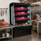 Thumbnail image #2 for Howard-McCray Ovation Series SC-OM30E-5-B-LED 63-Inch Black Vertical Meat Open Merchandiser, Self-Contained, 3 Lighted Shelves