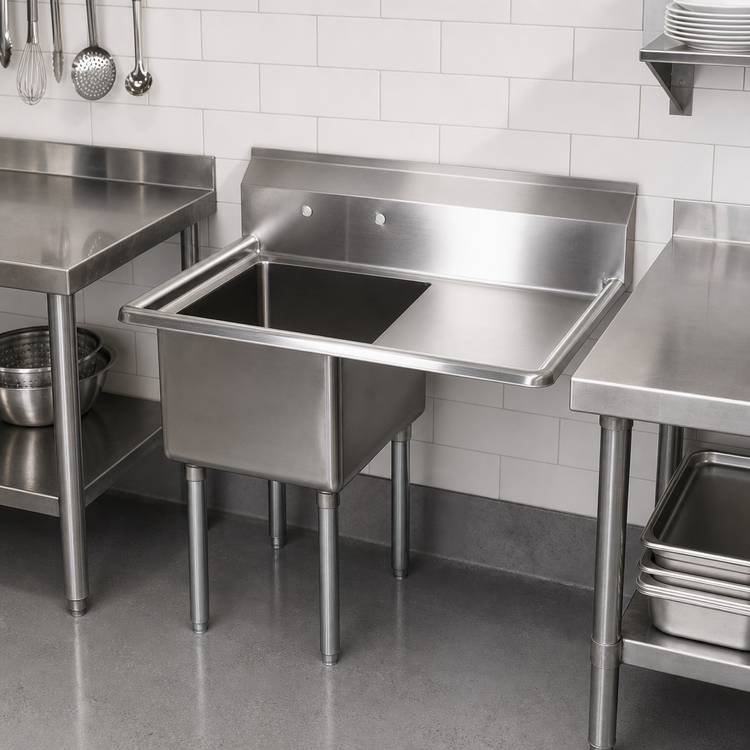 Product image #2 for John Boos E-Series 1-Compartment Sink with Right Drainboard, 18" x 18" x 12" Bowl, 18 Gauge Stainless Steel