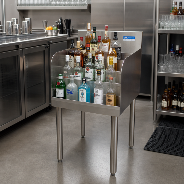 Product image #3 for 4-Step Stainless Steel Underbar Liquor Bottle Display, 24 Inch Wide x 18-1/4 Inch Deep, 27-Bottle Capacity
