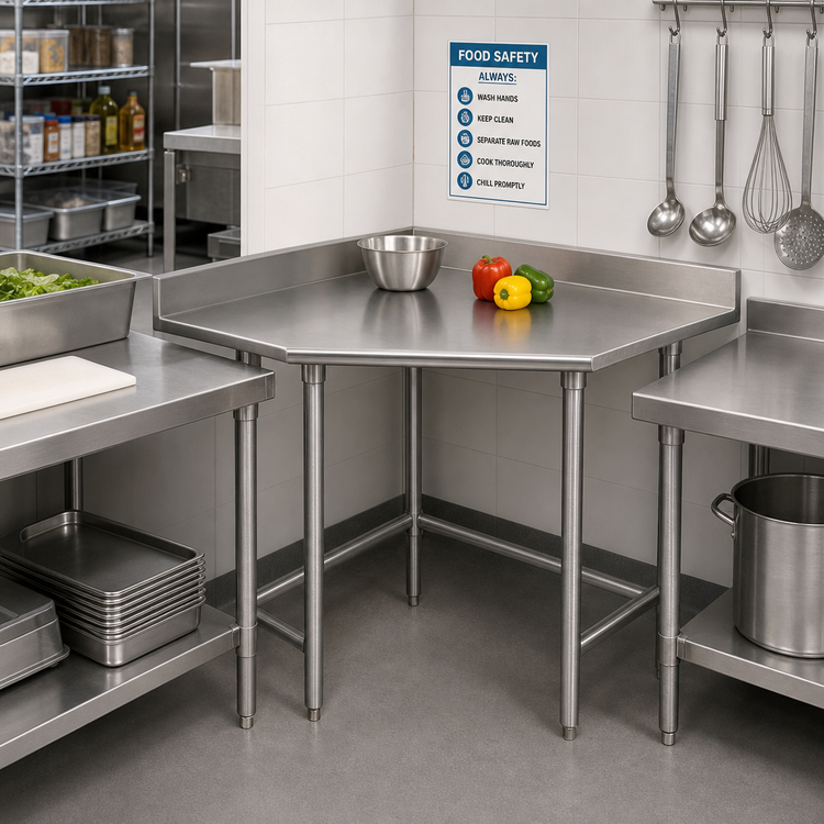 Product image #2 for Advance Tabco 30" x 30" Corner Work Table with 16 Gauge 430 Stainless Steel Top, 1-1/2" Rear Up-Turn, and Galvanized Base
