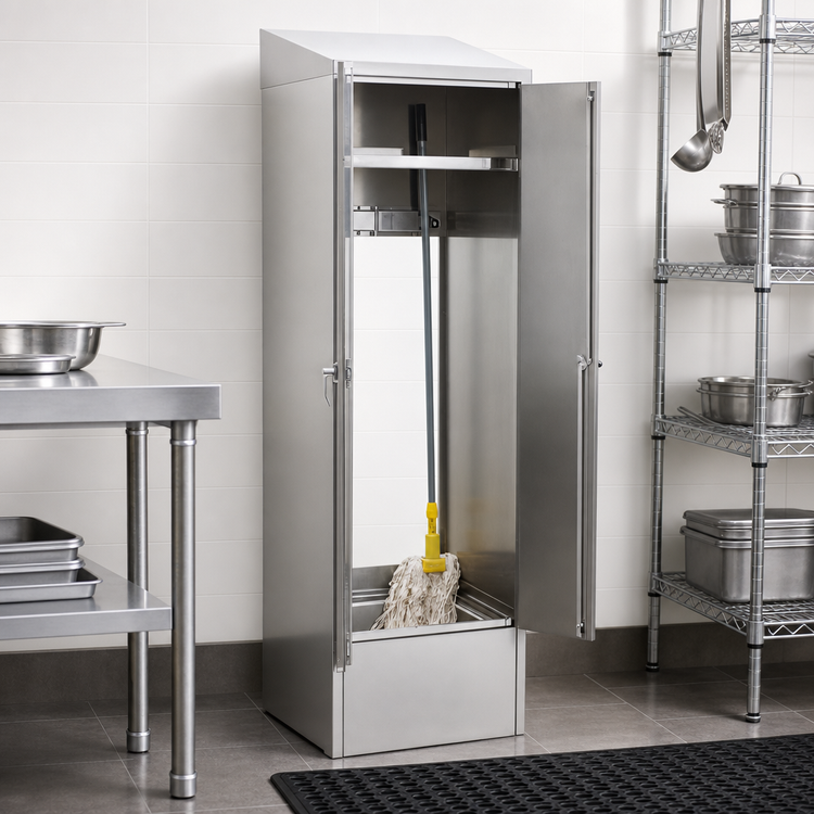 Product image #2 for Eagle Group 25-Inch Wide Single-Width Mop Sink Cabinet with 8-Inch Deep Sink, Slanted Top and Overhead Shelf