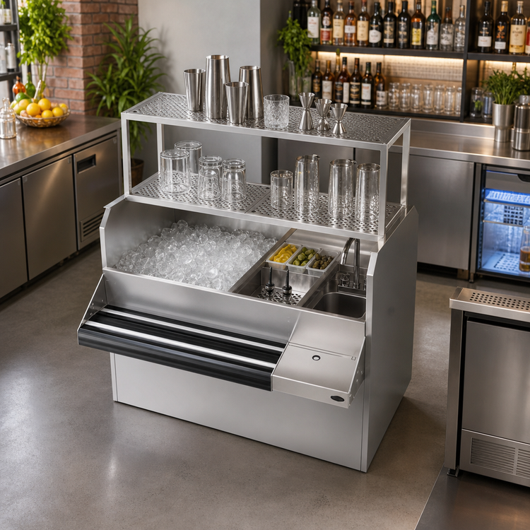 Product image #3 for Royal Series 54-Inch Pass-Thru Underbar Ice Bin/Cocktail Station with Left Ice Bin, 10-Circuit Cold Plate and Dual Dump Sinks