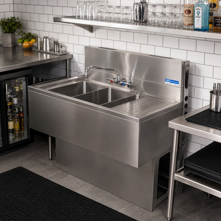 Product image #3 for BK Resources Slim-Line Three-Compartment Underbar Sink with Right Drainboard, 48 Inch x 18-1/4 Inch x 33-1/2 Inch