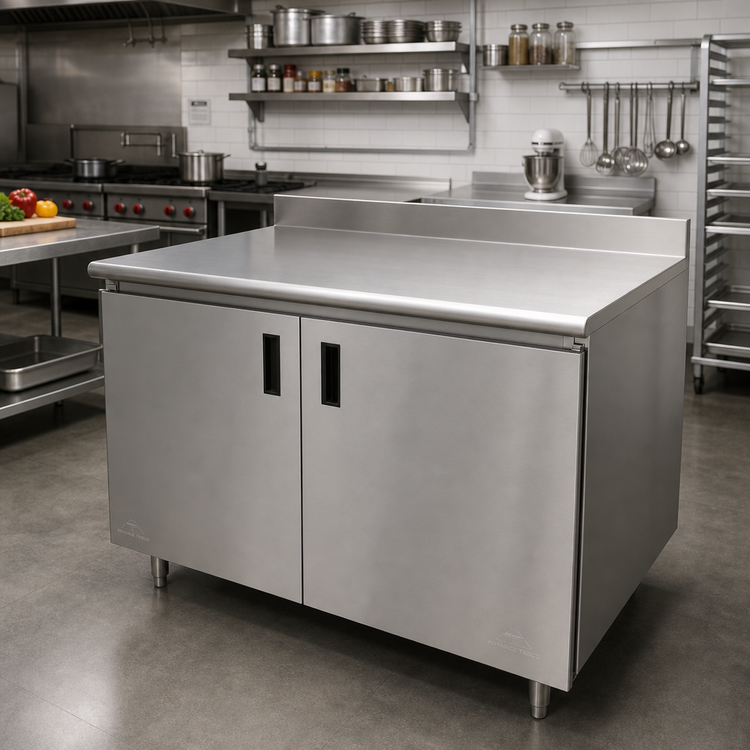 Product image #2 for Advance Tabco Special Value Series Economy Enclosed Work Table with Cabinet Base and Hinged Doors, 72 x 24 Inches, 16-Gauge 304 Stainless Steel Top, 5-Inch Backsplash