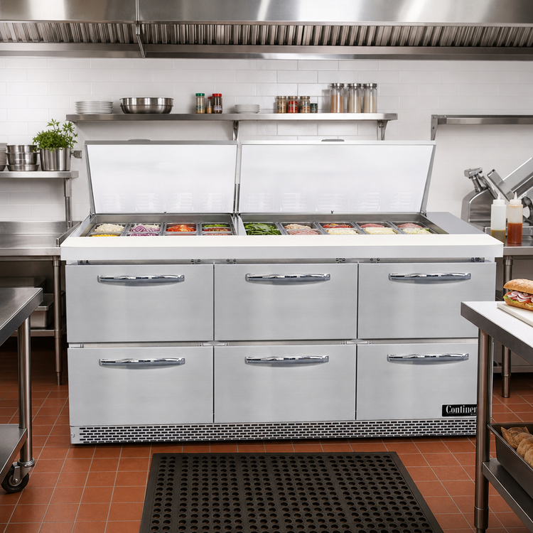 Product image #2 for Continental Refrigerator Mighty Top SW72N27M-FB-D 72" Three-Section Front Breather Refrigerated Sandwich Prep Table