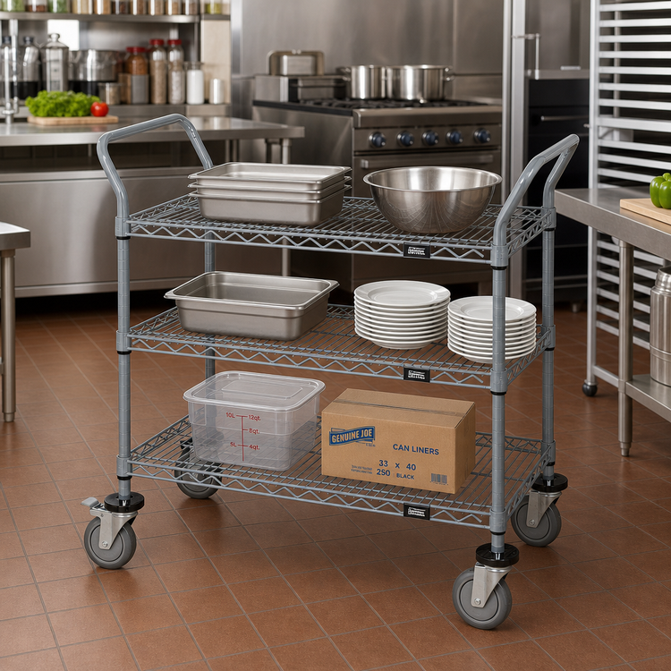 Product image #2 for Quantum 30-Inch Wide 3-Shelf Utility Bus Cart with U-Handles, Gray Epoxy Antimicrobial Finish