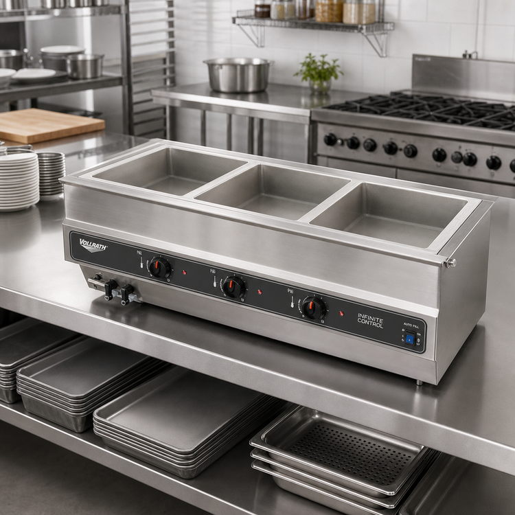 Product image #2 for Vollrath Short-Sided 3-Pan Drop-In Hot Well with Infinite Controls, Autofill, and Manifold Drain