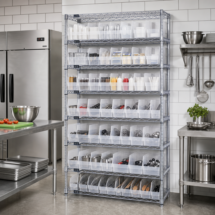 Product image #2 for Quantum Chrome-Plated 9-Shelf Wire Shelving Bin Storage System with 64 Clear Bins, 36 x 24 x 74 Inches