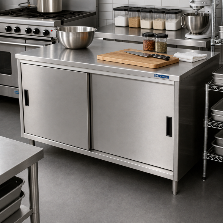 Product image #2 for BK Resources Stainless Steel Chef Table with Cabinet Base and Sliding Doors, 36 x 24 Inch