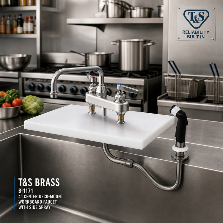 Product image #2 for T&S Brass B-1171 4-Inch Center Deck-Mount Workboard Faucet with 8-Inch Swing Nozzle and Side Spray