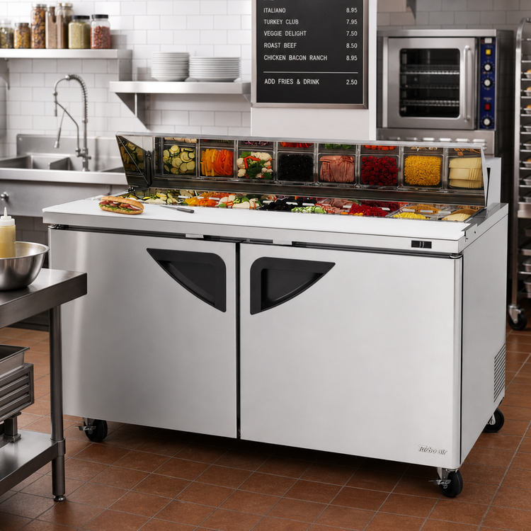 Product image #2 for Turbo Air Super Deluxe 60-Inch Two-Section Sandwich/Salad Prep Table, 16.0 Cu. Ft., 16-Pan Opening, Rear-Mounted Self-Contained Refrigeration
