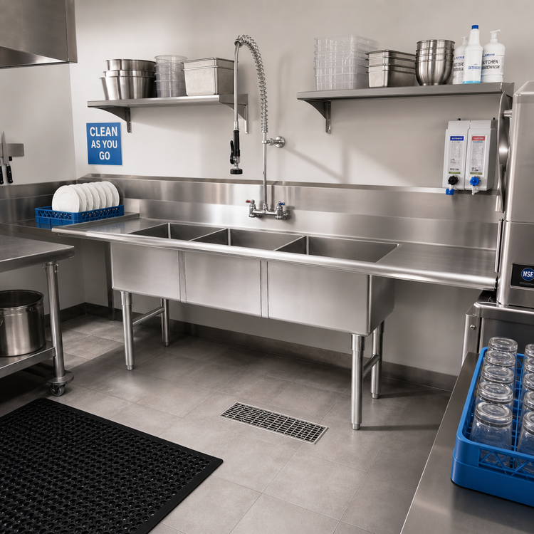 Product image #2 for Steel Works Stainless 90-Inch Straight Soiled Dishtable with Left Drainboard, 3 Compartments