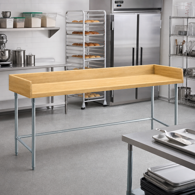 Product image #2 for Advance Tabco 72-Inch x 36-Inch Wood Top Bakers' Table with 4-Inch Rear and Side Splashes, Galvanized Base