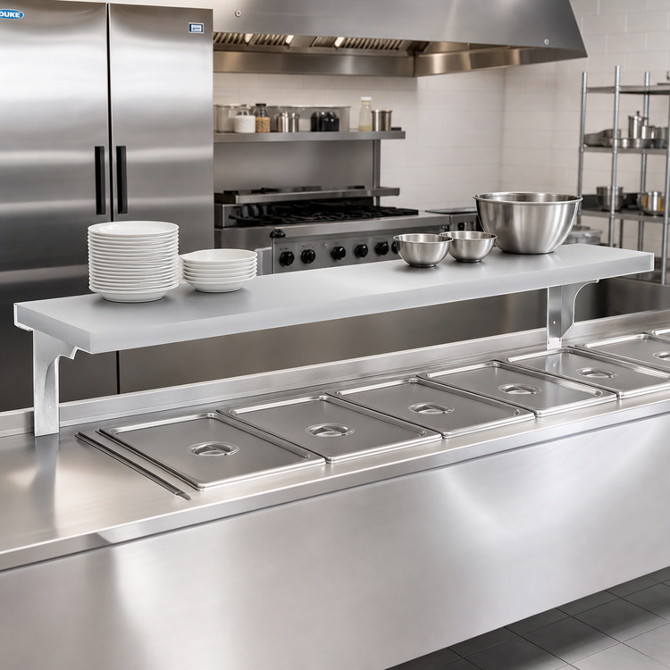 Product image #2 for Duke Stainless Steel Cutting Board/Tray Shelf for 6-Opening Steam Tables, 10-Inch Wide