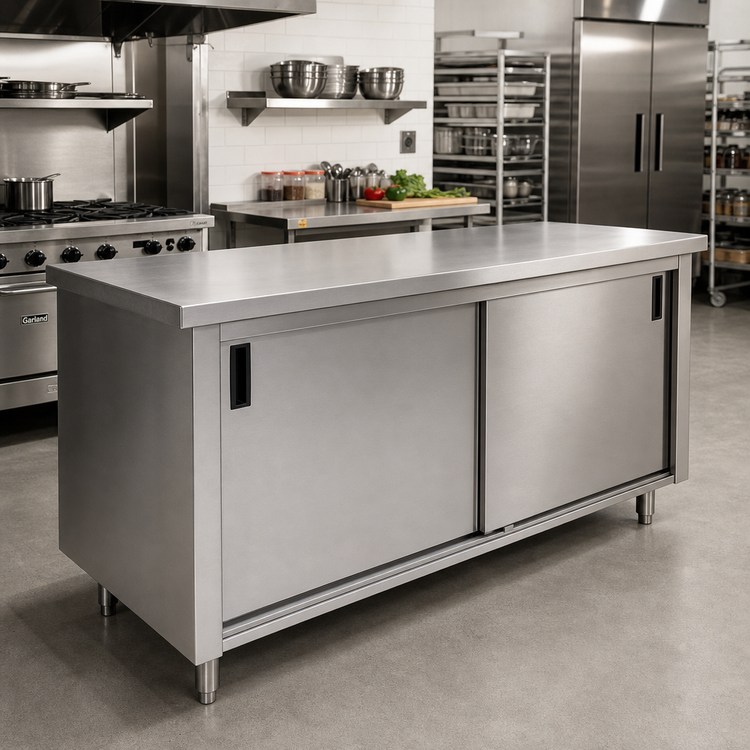 Product image #2 for Advance Tabco 108-Inch x 24-Inch 14-Gauge 304 Stainless Steel Enclosed Work Table with Cabinet Base, Mid-Shelf, and Sliding Doors