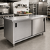 Thumbnail image #2 for Advance Tabco 108-Inch x 24-Inch 14-Gauge 304 Stainless Steel Enclosed Work Table with Cabinet Base, Mid-Shelf, and Sliding Doors