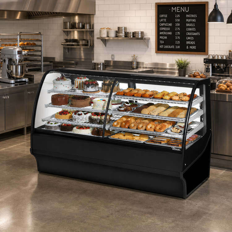 Product image #3 for True 77-1/4 Inch Dual Zone Dry and Refrigerated Curved Glass Display Merchandiser with Glass Ends, Stainless Steel