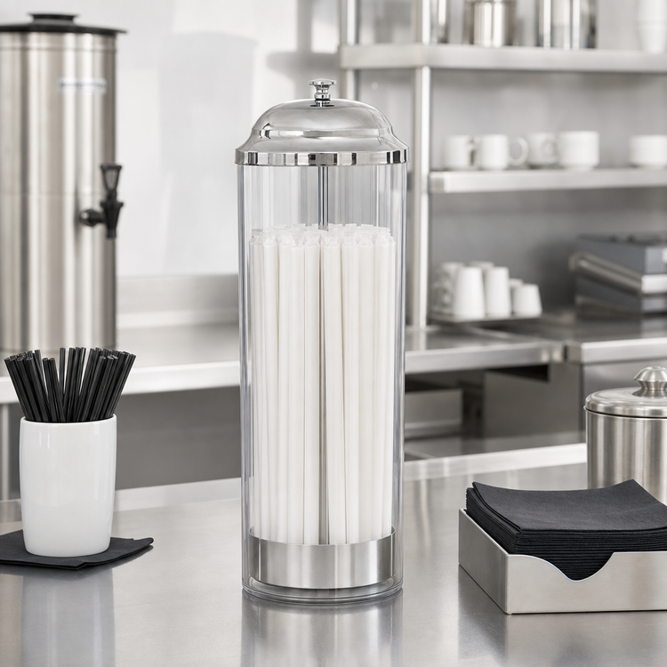 Product image #2 for Winco Round Tabletop Straw Dispenser, 100-Straw Capacity, Clear SAN Plastic with Stainless Steel Accent