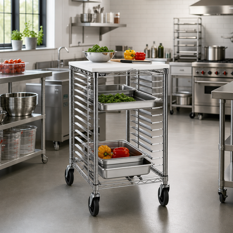 Product image #2 for Metro Super Erecta Half-Height Mobile Wire Prep Rack with Poly Cutting Board Work Surface, End-Load, 16-Pan Capacity