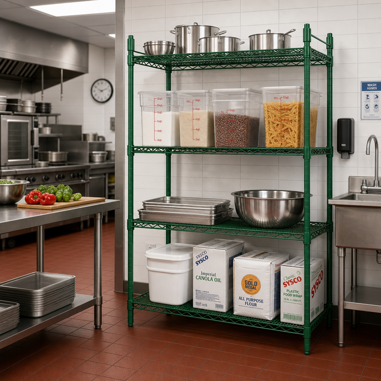 Product image #2 for 800 lb. Capacity Heavy Duty Stationary 4-Tier Wire Shelving Unit, 30 x 24 x 74 Inches, Green Epoxy Coated