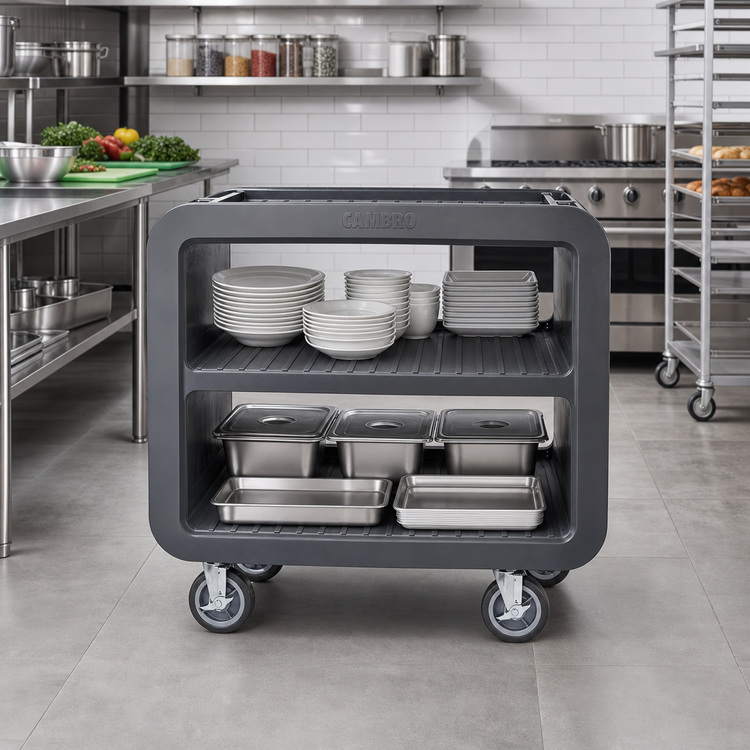 Product image #3 for Cambro Service Cart Pro Medium Open-Sided 3-Shelf Bus Cart, Charcoal Gray