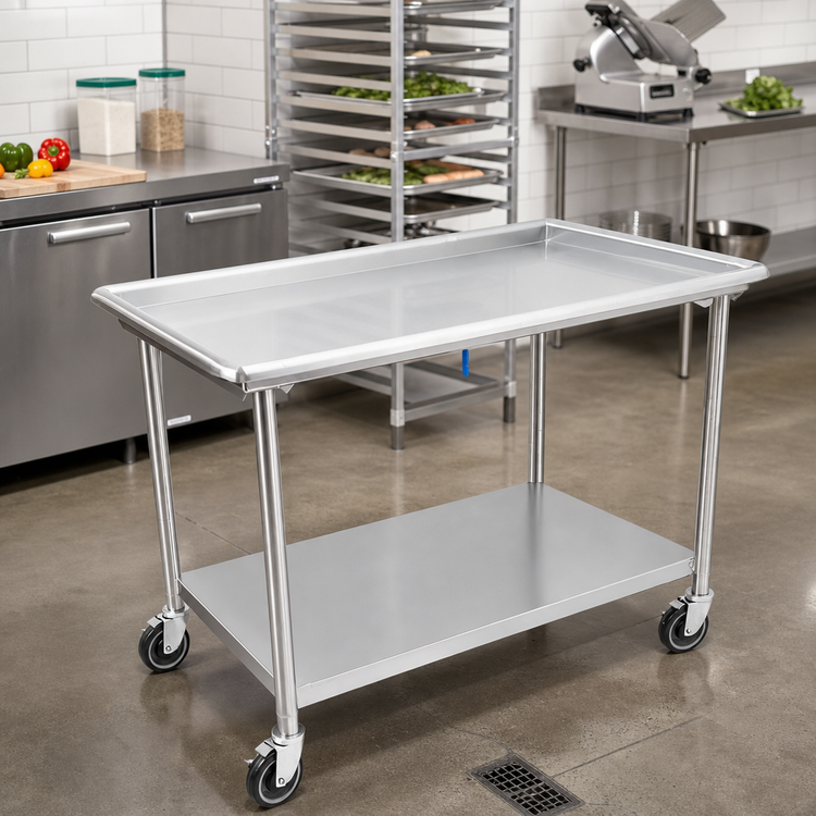 Product image #2 for John Boos 60-7/8 Inch x 30-3/8 Inch Stainless Steel Sorting Table with 2-1/4 Inch Raised Edge, Undershelf, and Locking Casters