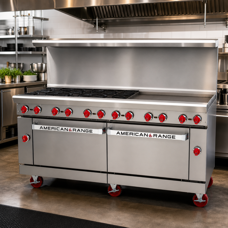Product image #2 for American Range 72-Inch Gas Restaurant Range with 24-Inch Griddle, 8 Open Burners, and 2 Storage Bases