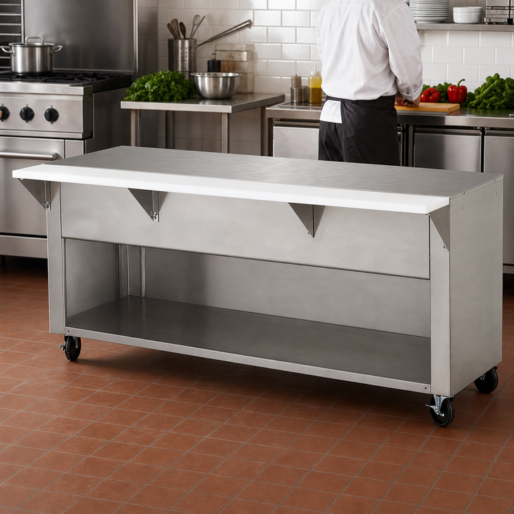Product image #2 for Advance Tabco Triumph Supreme Solid Top Utility Station with Poly Cutting Board and Open Cabinet Base