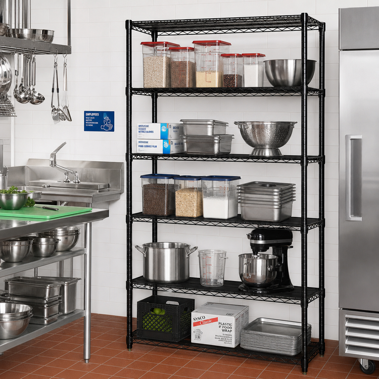 Product image #2 for Quantum Stationary Wire Shelving Starter Kit, 72" W x 12" D x 74" H, 5 Shelves, Black Epoxy Finish
