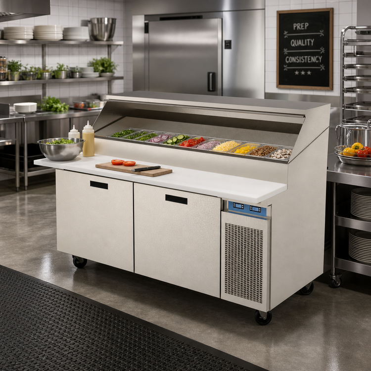 Product image #2 for Randell 68-Inch 2-Section Refrigerated Raised Rail Prep Table with Right-Side Compressor, 30 x 1/6 Pan Capacity