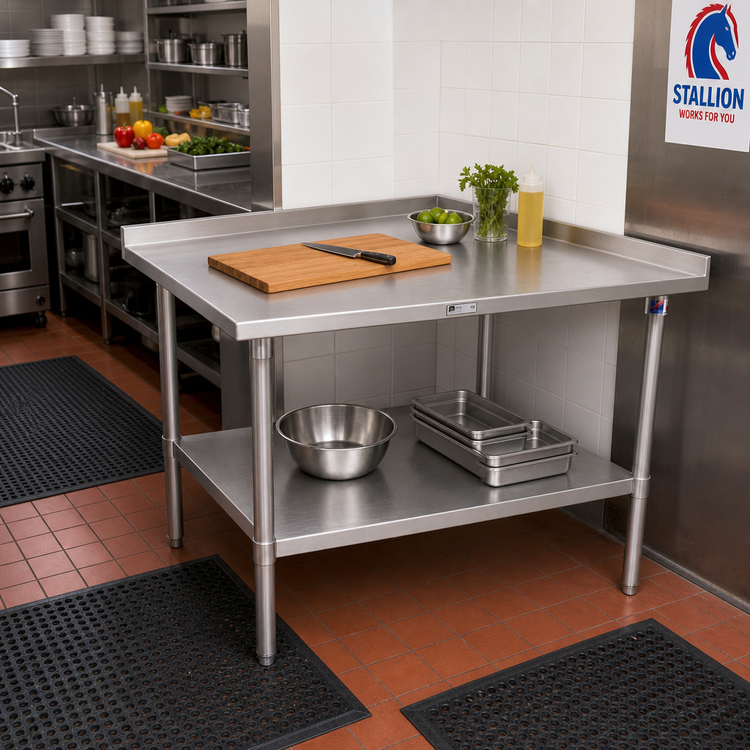 Product image #2 for Stallion 30 Inch x 30 Inch Corner Work Table, 16-Gauge 300-Series Stainless Steel Top, 1-1/2 Inch Rear Riser, Adjustable Undershelf