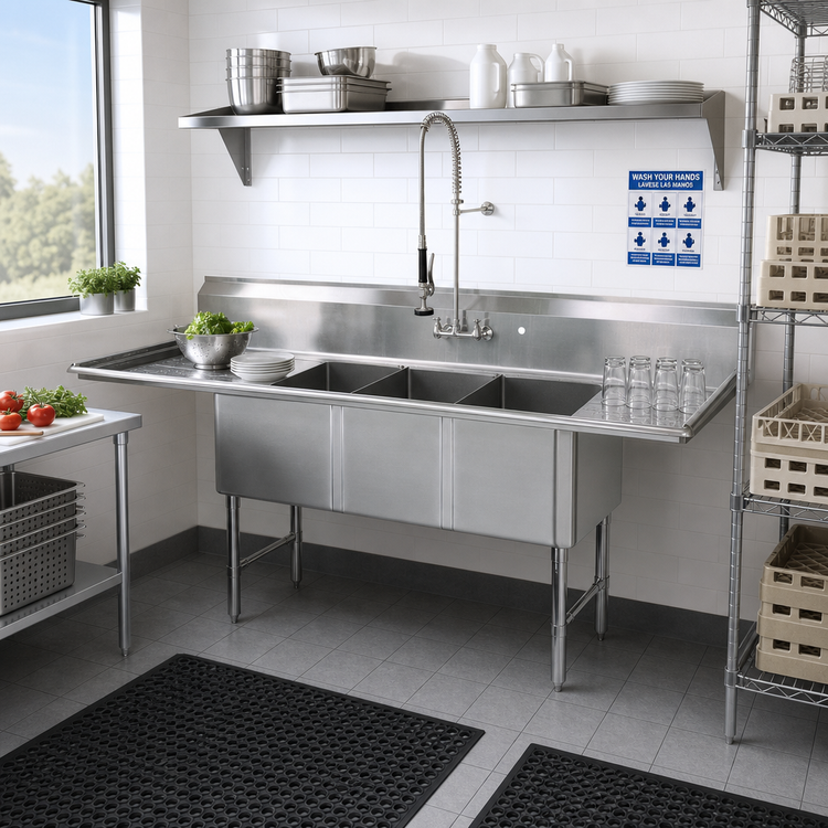 Product image #2 for 93-1/4-Inch Three-Compartment Stainless Steel Sink with Left and Right Drainboards and 10-Inch Backsplash