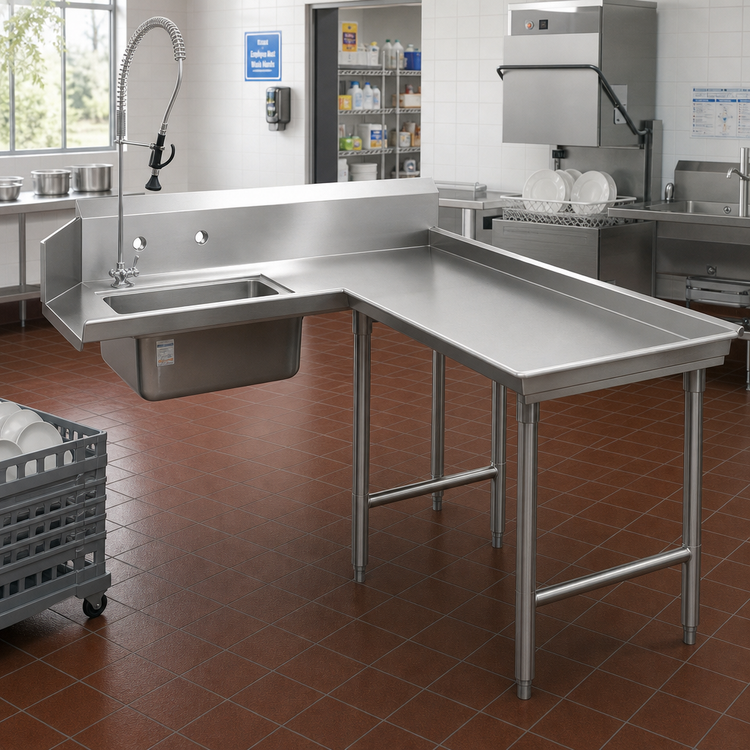 Product image #2 for Advance Tabco L-Shaped Island Soil Dishtable with Pre-Rinse Sink, Right-Hand, 95 Inch, 16 Gauge 304 Stainless Steel