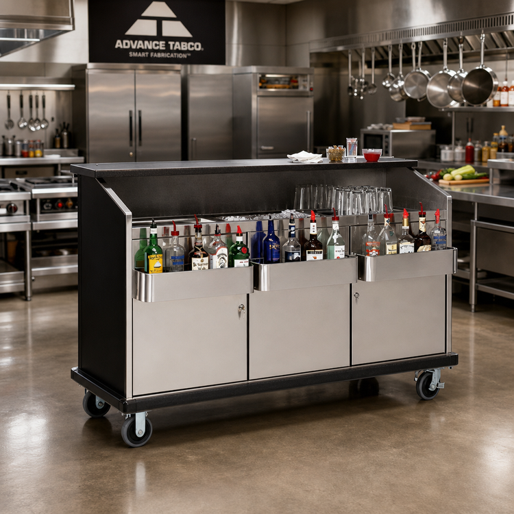 Product image #3 for Advance Tabco Heavy Duty Freestanding Portable Bar with Locking Doors, Stainless Steel Workboard & Ice Bin, Black Mica Finish