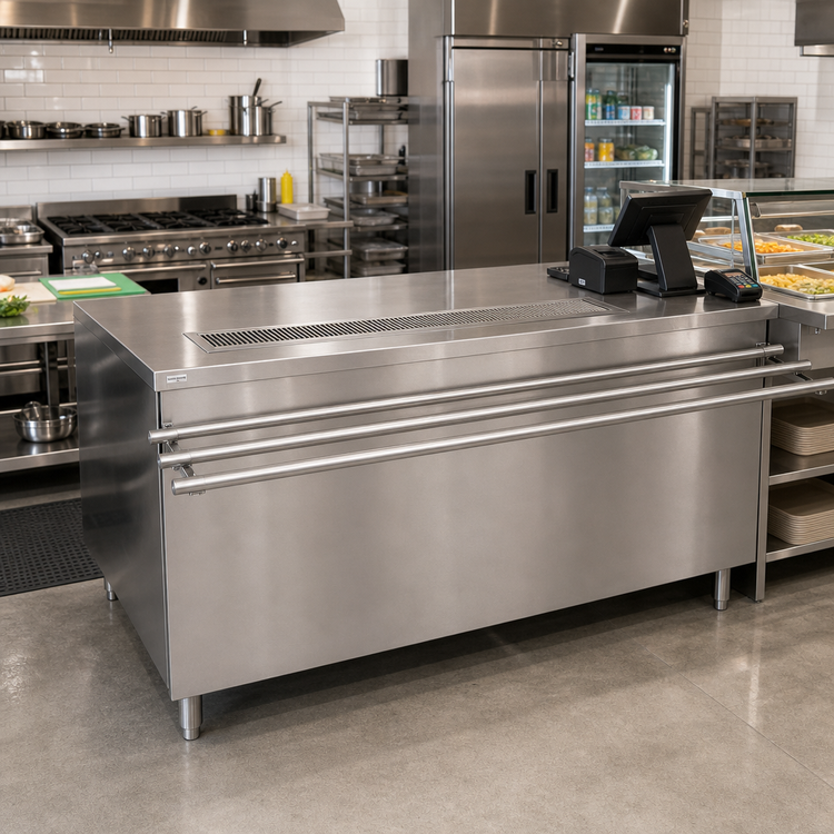 Product image #2 for 72-Inch Stainless Steel Cashier-Serve Counter with Cashier-Side Urn Trough, Drop Shelf, and Adjustable Undershelf