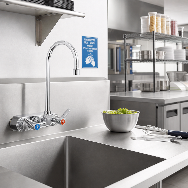 Product image #2 for T&S Brass Wall-Mount Workboard Mixing Faucet, 4" Centers, 5-3/4" Swivel Gooseneck, 1.2 GPM, Cerama Cartridges