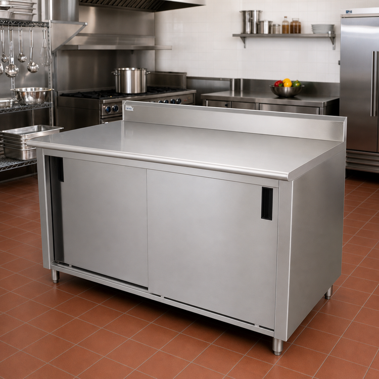 Product image #2 for Advance Tabco 96 Inch x 36 Inch Enclosed Stainless Steel Work Table with Cabinet Base, Sliding Doors, 14 Gauge 304 Stainless Steel Top, and 5 Inch Backsplash