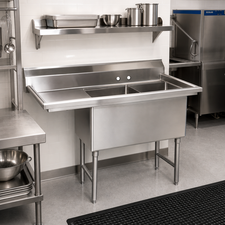 Product image #2 for Advance Tabco 2-Compartment Fabricated Sink with 18-Inch Left-Hand Drainboard, 20 x 30 x 14-Inch Bowls, 16-Gauge 304 Stainless Steel