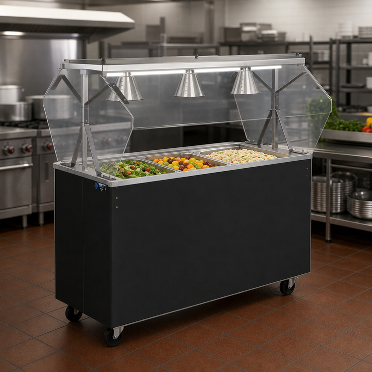 Product image #2 for 46-Inch 3-Pan Non-Refrigerated Cold Food Station with Buffet Breath Guard, Lights, Black Solid Base