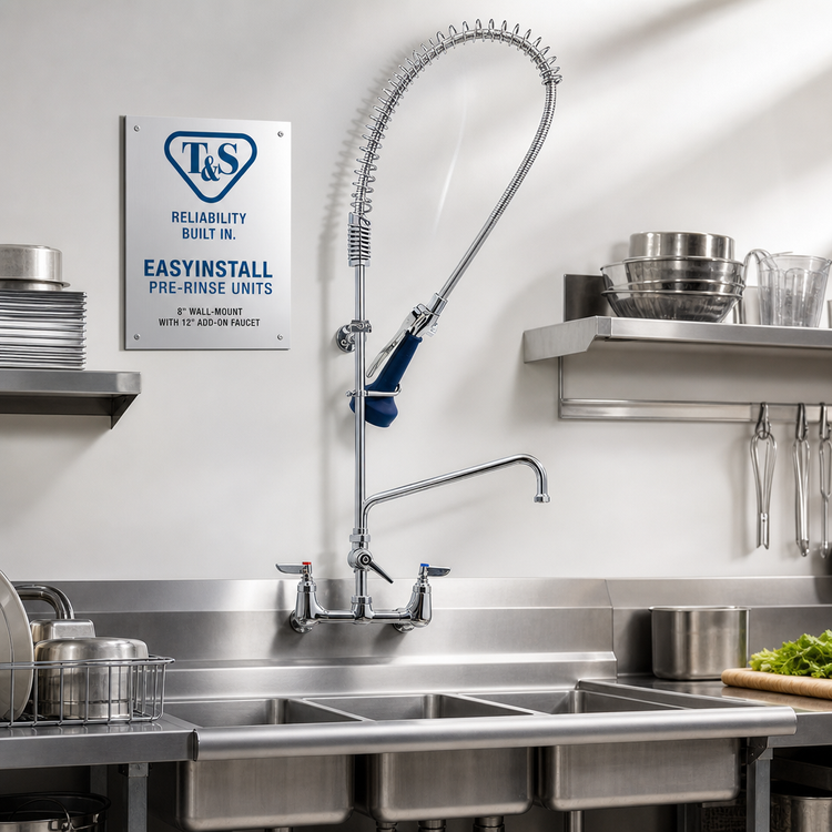 Product image #2 for T&S Brass EasyInstall 8-Inch Wall-Mount Pre-Rinse Unit with 12-Inch Add-On Faucet and 0.65 GPM Spray Valve
